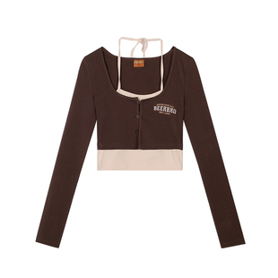 BeerBro美式假两件长袖T恤女春秋短款街头辣妹紧身上衣内搭打底衫