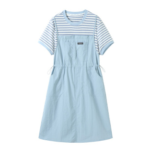 初中生青少女假两件连衣裙女大童夏季减龄学生圆领条纹拼接背带裙