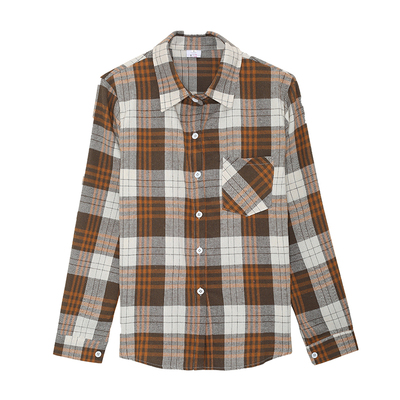 磨毛格子女中长款长袖衬衣外套