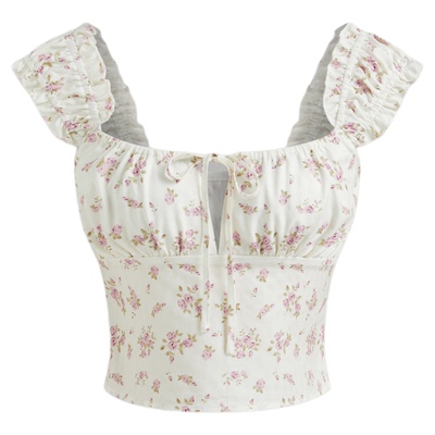 CIDER碎花系带荷叶边短款背心