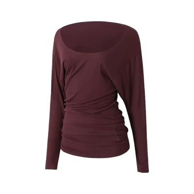 时尚大U领遮臀长袖T恤运动健身服