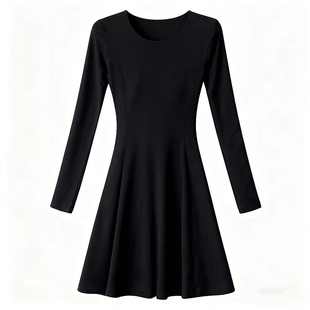 秋冬季长袖连衣裙女短款小黑裙子小个子内搭圆领a字高级新款修身