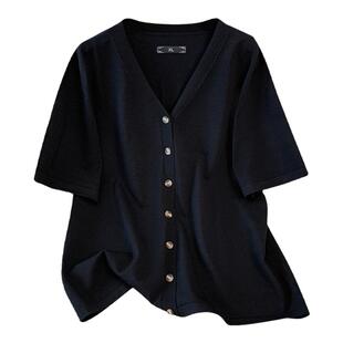 高端胖mm大码上衣夏季女装冰丝针织衫藏肉显瘦高级感V领短袖开衫