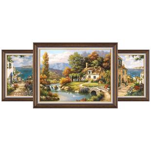 客厅装饰画美式壁画三联餐厅正品油画肌理山水风景沙发背景墙挂画