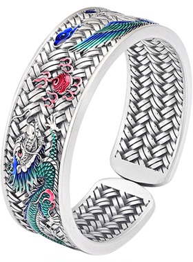 足银999银手镯女 古法编制浮雕龙凤戏珠开口景泰蓝传承宽版银手镯