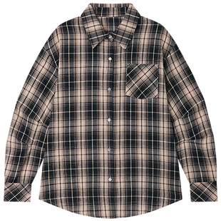 Halo Luu咖色格子衬衫女春季韩系上衣宽松慵懒风复古外套长袖衬衣