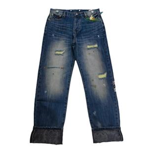 陈冠希CLOT长寿一代风格破洞做旧赤耳黑丝绸休闲直筒宽松牛仔裤