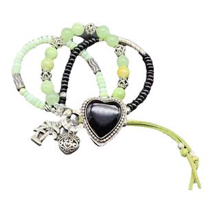 美国代购Bracelet㊣ 手作波西米亚绿蛋白石花玉黑玛瑙心形手链