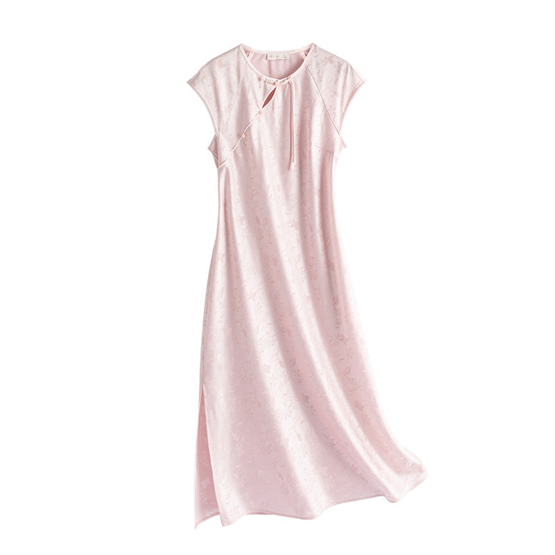 固执《月澜》夏季新款新中式圆领镂空提花开叉无袖气质醋酸连衣裙