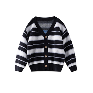 米乐熊男童毛衣黑白条纹外套V领打底衫儿童内搭针织衫开衫上衣
