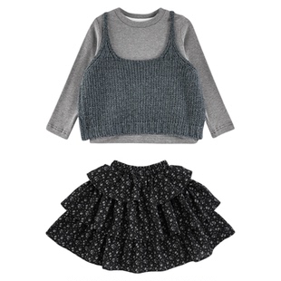 幼悠女童春秋甜美可爱软糯打底衫针织吊带碎花蛋糕裙韩系三件套潮