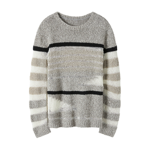 CROWNLESS未冕费尔岛绒感花纱镂空几何色块渐变条纹圆领廓形毛衣