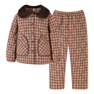 新一步纯棉睡衣女士开衫秋冬加厚款格子空气棉三层保暖家居服套装