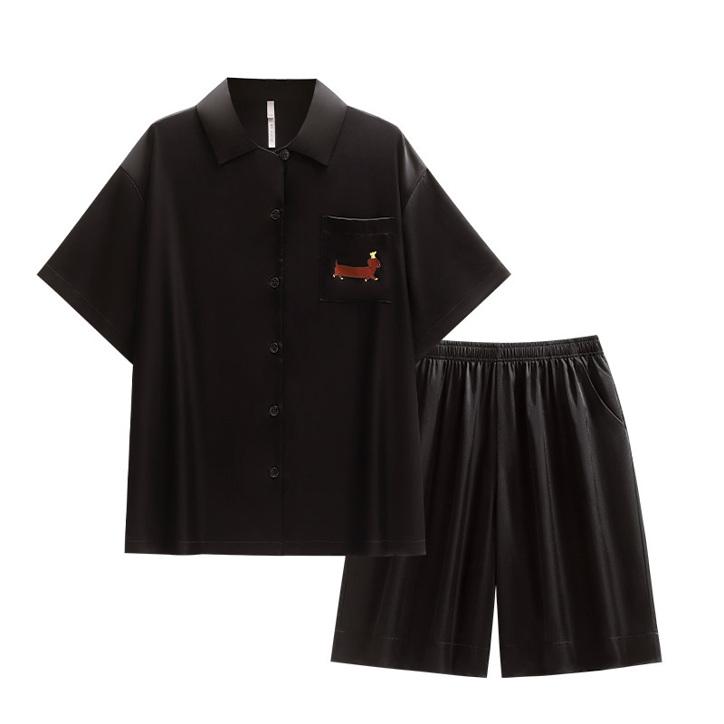 悦内情侣睡衣女款夏季冰丝绸短袖短裤大码家居服男士夏天高级感黑