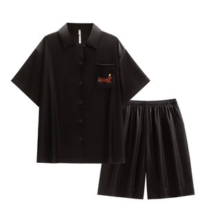 悦内情侣睡衣女款夏季冰丝绸短袖短裤大码家居服男士夏天高级感黑