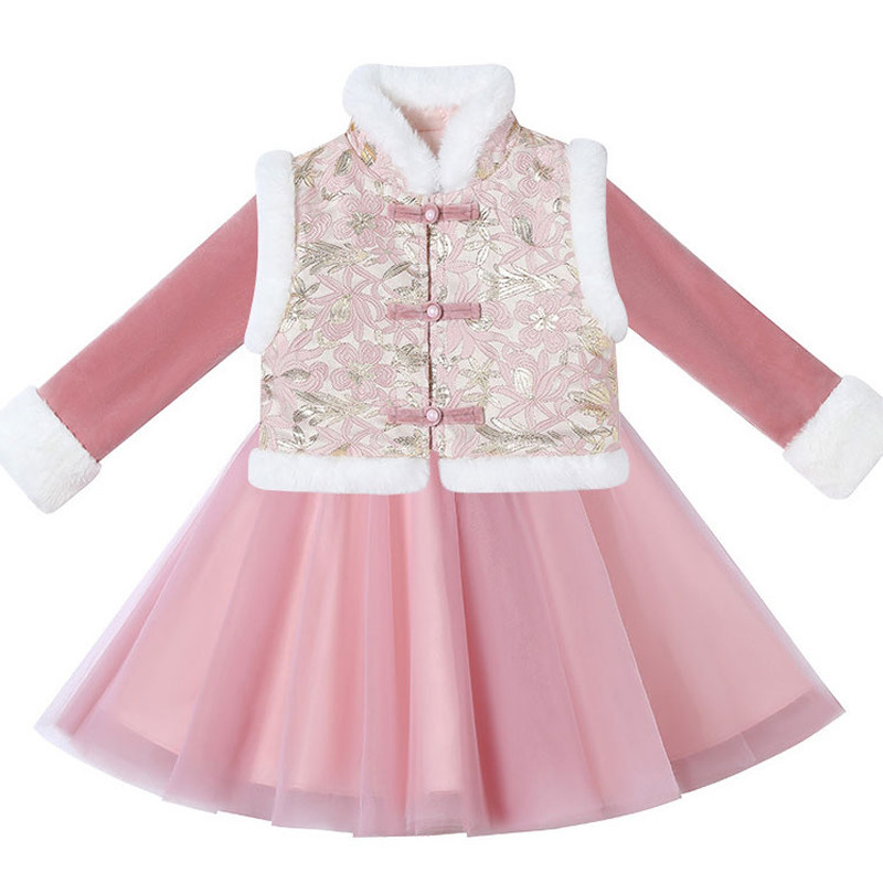 儿童汉服秋冬加绒唐装女童宝宝中国风拜年服小女孩连衣裙加厚套装