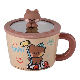 布朗熊泡面碗陶瓷可爱带盖卡通学生宿舍家用单柄手把汤面碗大容量