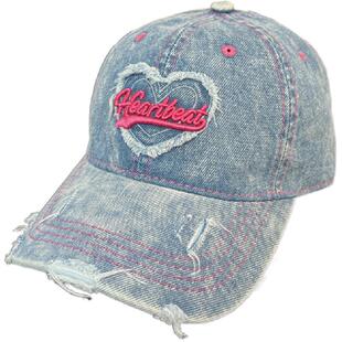 复古丹宁风芭比粉明线刺绣字母牛仔棒球帽y2k浅蓝破洞软顶鸭舌帽