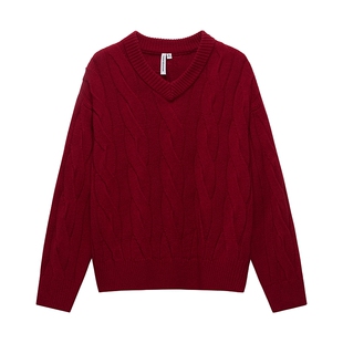 美特斯邦威毛衣女2026春季新款新年慵懒宽松软糯V领麻花红色毛衫