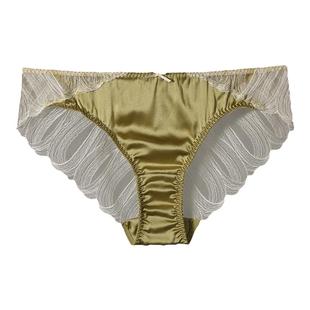 桑蚕丝性感女士内裤 轻奢情调法式三角裤 绿色丝绸透明蕾丝小裤头