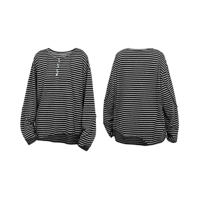 RELABEL（幻视）双色绒感条纹拼接浸湿水感钉扣挖领打底长袖T