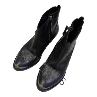 暗黑刺绣复古西部牛仔靴男女同款骑士靴金属铁头短靴尖头切尔西靴