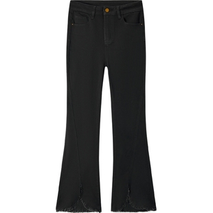 爱居兔黑色微喇牛仔裤春秋新款休闲时尚显瘦开衩长裤子