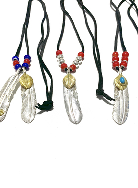 WANGWANG上金绿松石羽毛925纯银琉璃鹿皮绳素银奢华银饰吊坠项链