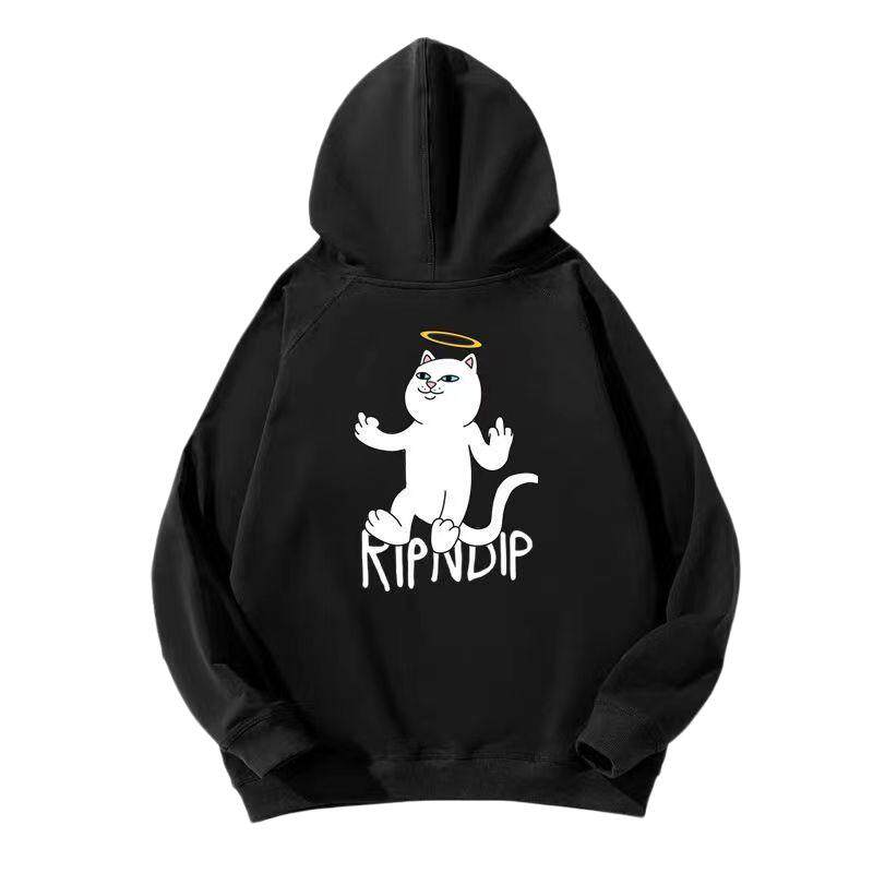 欧美正品ripndip贱猫街头潮牌宽松套头连帽加绒卫衣男女卡通长袖