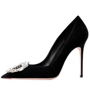 hltino2025夏季新款黑色法式水钻尖头高跟鞋女细跟不累脚大码单鞋