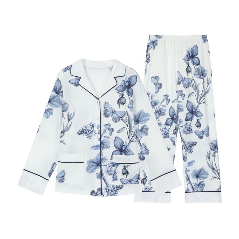 正品安莉芳棉麻混纺蝴蝶蓝印花长袖长裤睡衣女春秋家居服套装