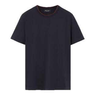 LoroPiana/诺悠翩雅男士短袖T恤蓝色Par弹力面料颈部罗纹装饰新款
