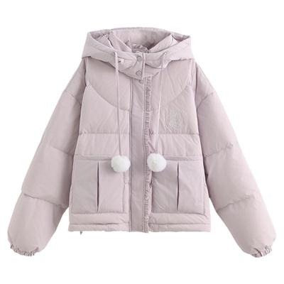 森女部落甜美纯色90%绒子白鸭绒短款羽绒服女2025冬连帽宽松外套