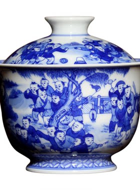 景德镇小桥窑手绘青花珍玩百子图盖碗主人杯茶杯壶承陶瓷功夫茶具