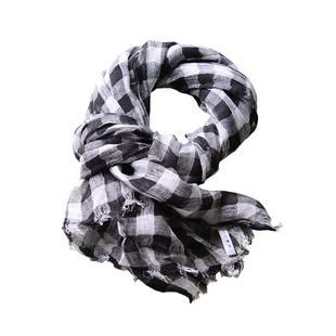 日系黑白格子亚麻围巾女薄款春夏季长款经典大小格子文艺棉麻丝巾