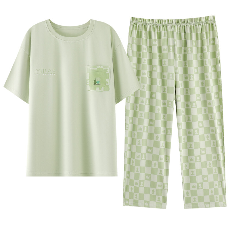 睡衣女士夏季带胸垫纯棉短袖七分裤薄款大码夏天可外穿家居服套装