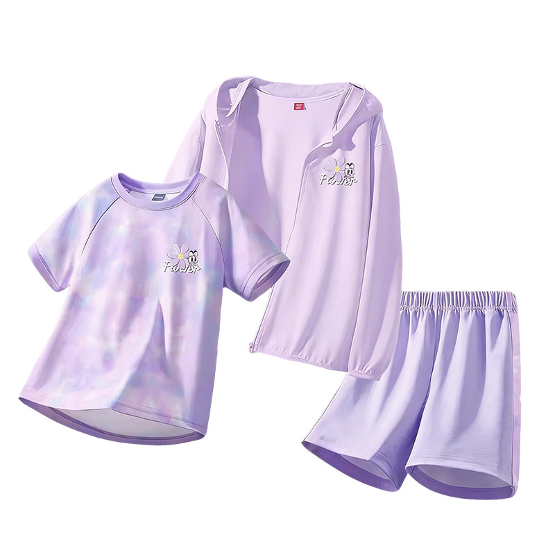 巴布豆女童夏套装2026新款冰丝速干短裤女孩衣服儿童防晒衣三件套