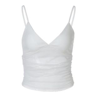 gusty欧美ins辣妹风纯欲网纱褶皱收腰短上衣御姐半透V领吊带背心