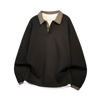 假两件格纹拼接Polo领卫衣男生秋冬cleanfit美式内搭长袖T恤上衣