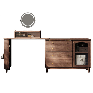 素图中古风实木梳妆台卧室胡桃木化妆台转角化妆桌斗柜收纳柜一体