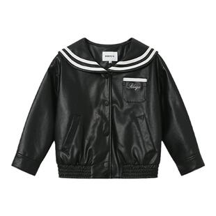RBIGX瑞比克童装秋季新款水手领黑色女童柔软舒适皮外套