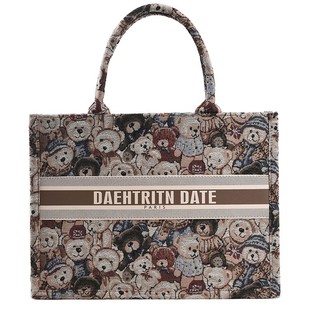 涂鸦小熊刺绣托特包包女2025新款小众手提单肩包大容量斜挎通勤包