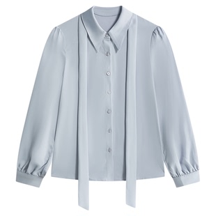 达佳诗蓝色衬衫女蝴蝶结飘带领雪纺上衣面试职场通勤穿搭长袖衬衣