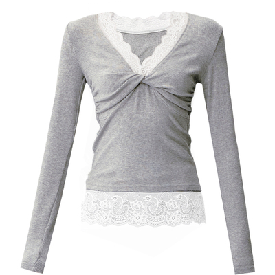 【现货】易碎商店·蕾丝拼接V领打底衫内搭针织通勤修身收腰上衣