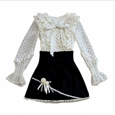 越韩小鱼 珍妮小姐 法式气质千金爱心衬衣蝴蝶结高腰显瘦半裙套装