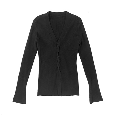 V领纽结开叉针织衫显瘦打底衫