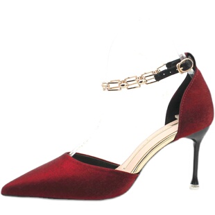 欧美风金属链高跟鞋女细跟一字带绸缎婚鞋中空包头凉鞋仙女风单鞋