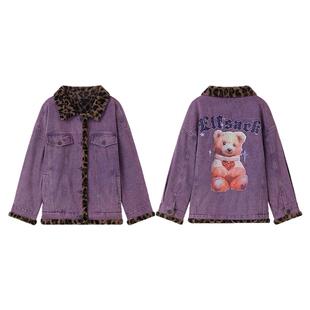 妖精的口袋毛绒豹纹拼接紫色牛仔棉衣女2025冬季新款夹棉新年外套