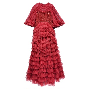 红色新年过生日宴会晚礼服订婚超仙重工艺性感网纱大摆裙连衣裙