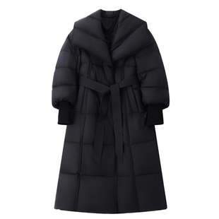黑色系带翻领长过膝外套2025年新款女装冬季修身收腰长款羽绒服女